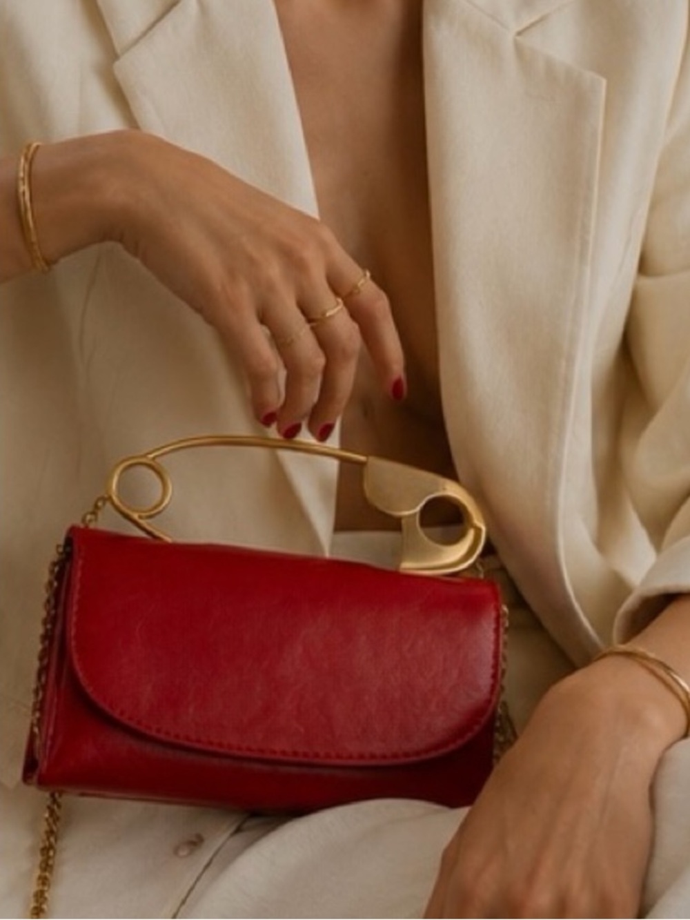 Scarlet Leather Sculptural Gold Handle Bag